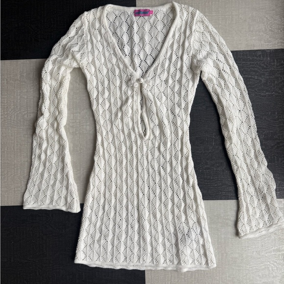 Edikted White Crochet Sweater Dress M Boho Hippie Fit & Flare Bell Sleeve Knit - Picture 2 of 7
